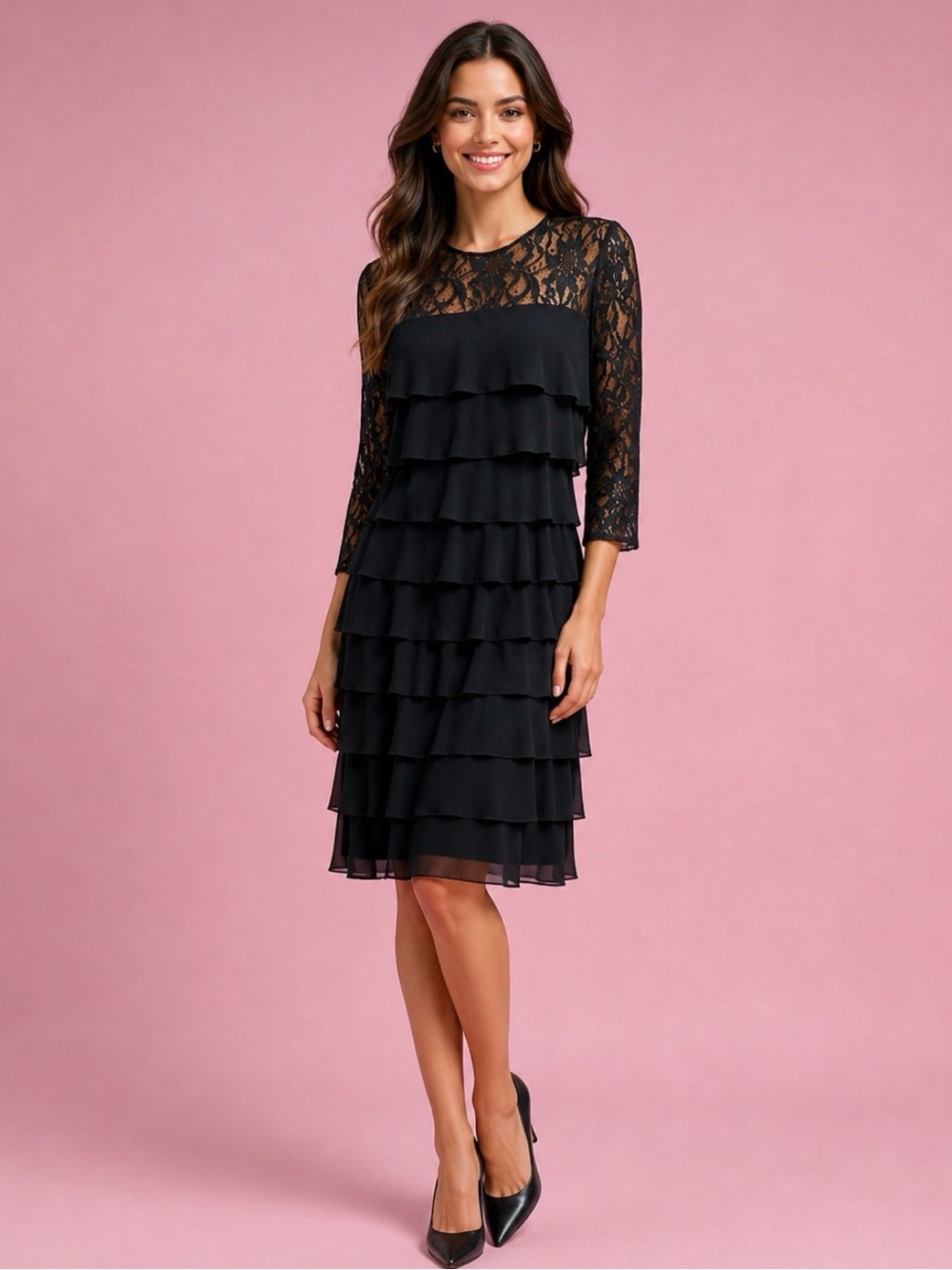 Alex Evenings Black Lace Tiered Cocktail Dress